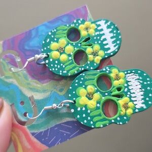 Green & Yellow Dia de Los Muertos Earrings